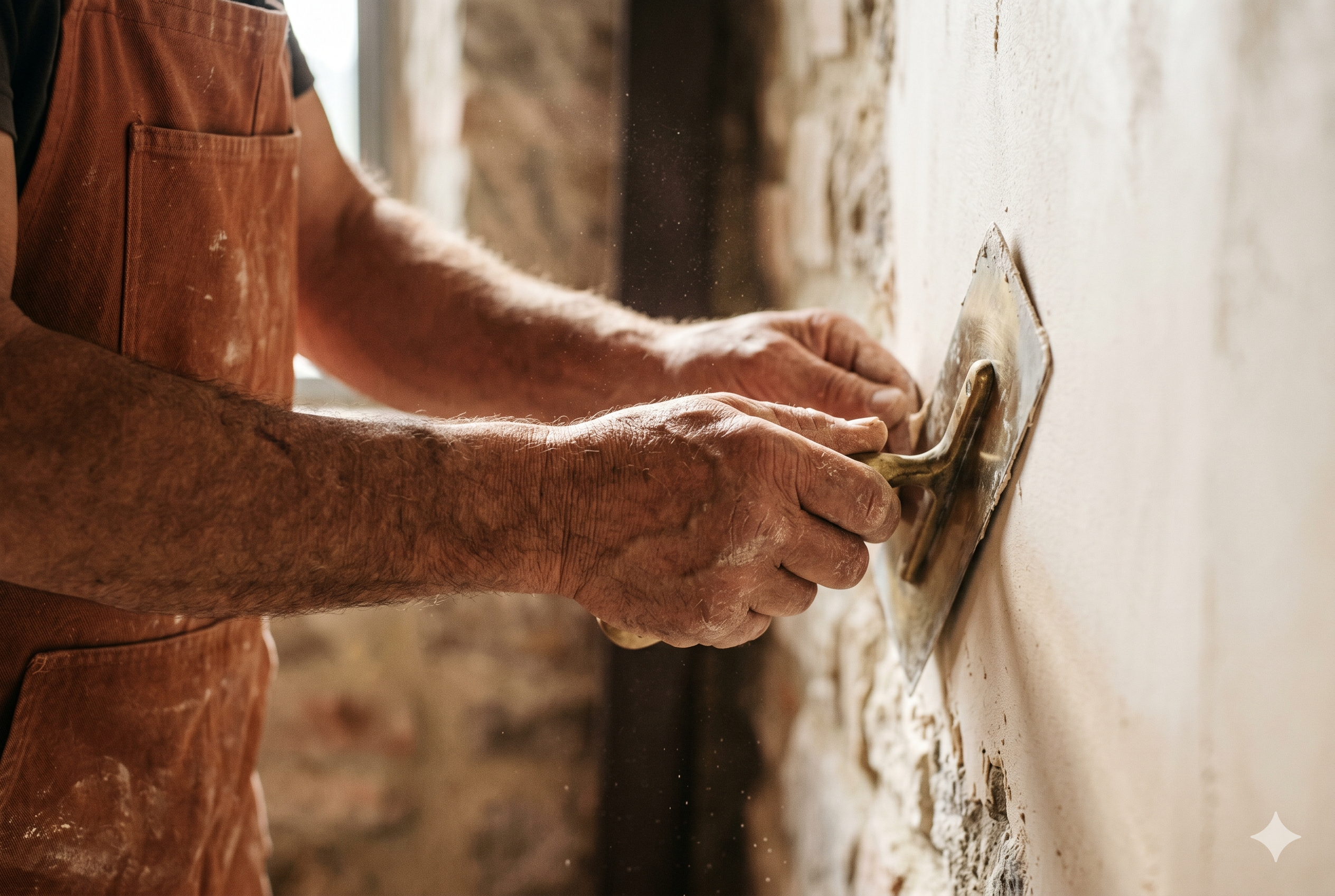 Artigiano al lavoro — intonaco a calce su pietra toscana
